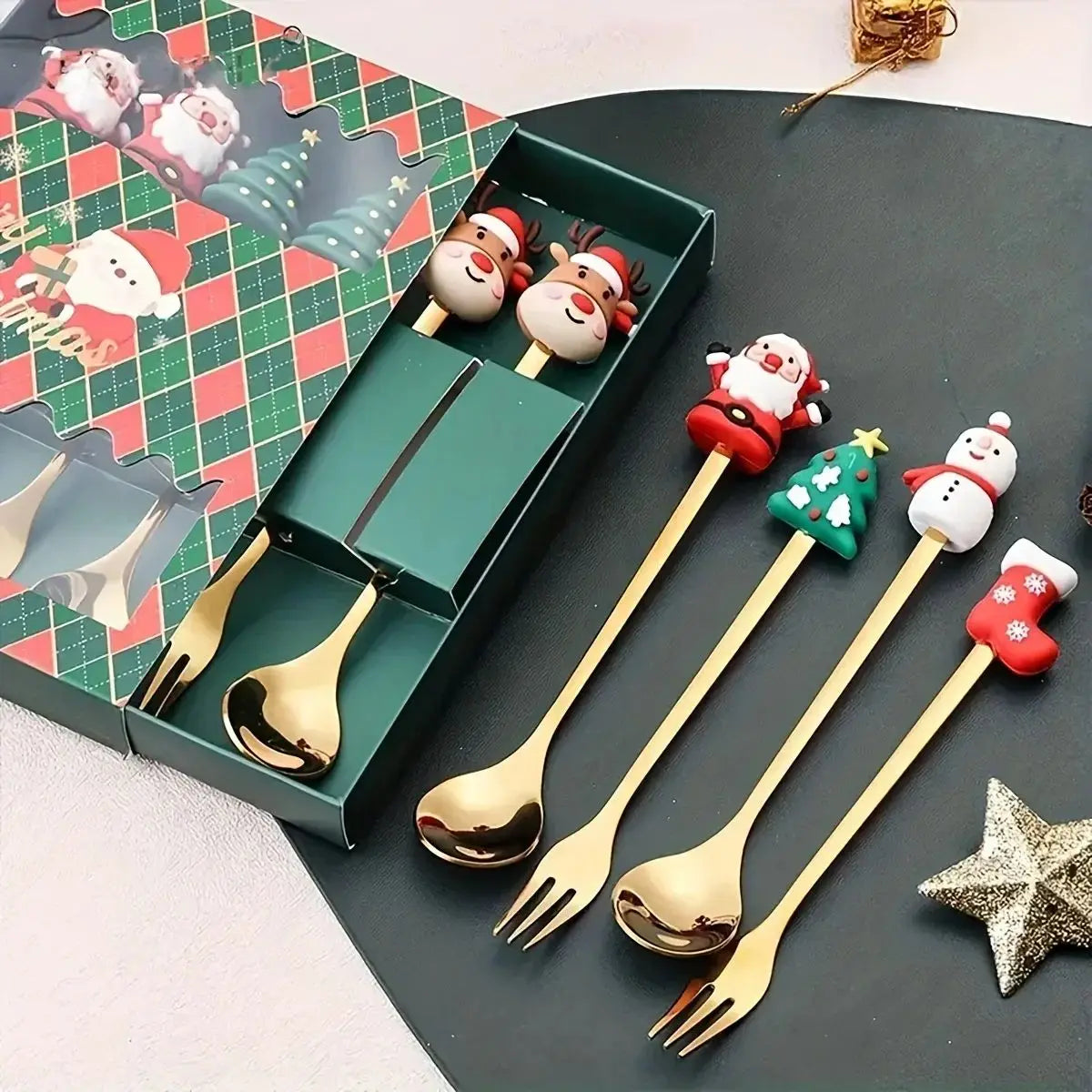 Coffret Cuillères & Fourchettes de Noël en Inox – 2/4/6 pièces (Café, Thé & Desserts)