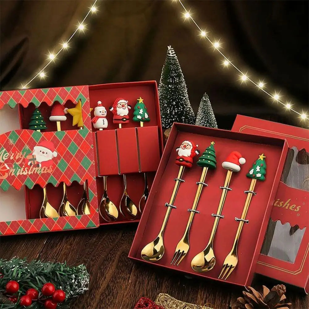 Coffret Cuillères & Fourchettes de Noël en Inox – 2/4/6 pièces (Café, Thé & Desserts)