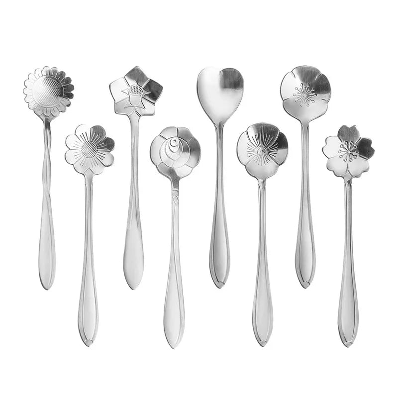 Set de 8 cuillères “Fleur” – petites cuillères en inox, finitions or & argent
