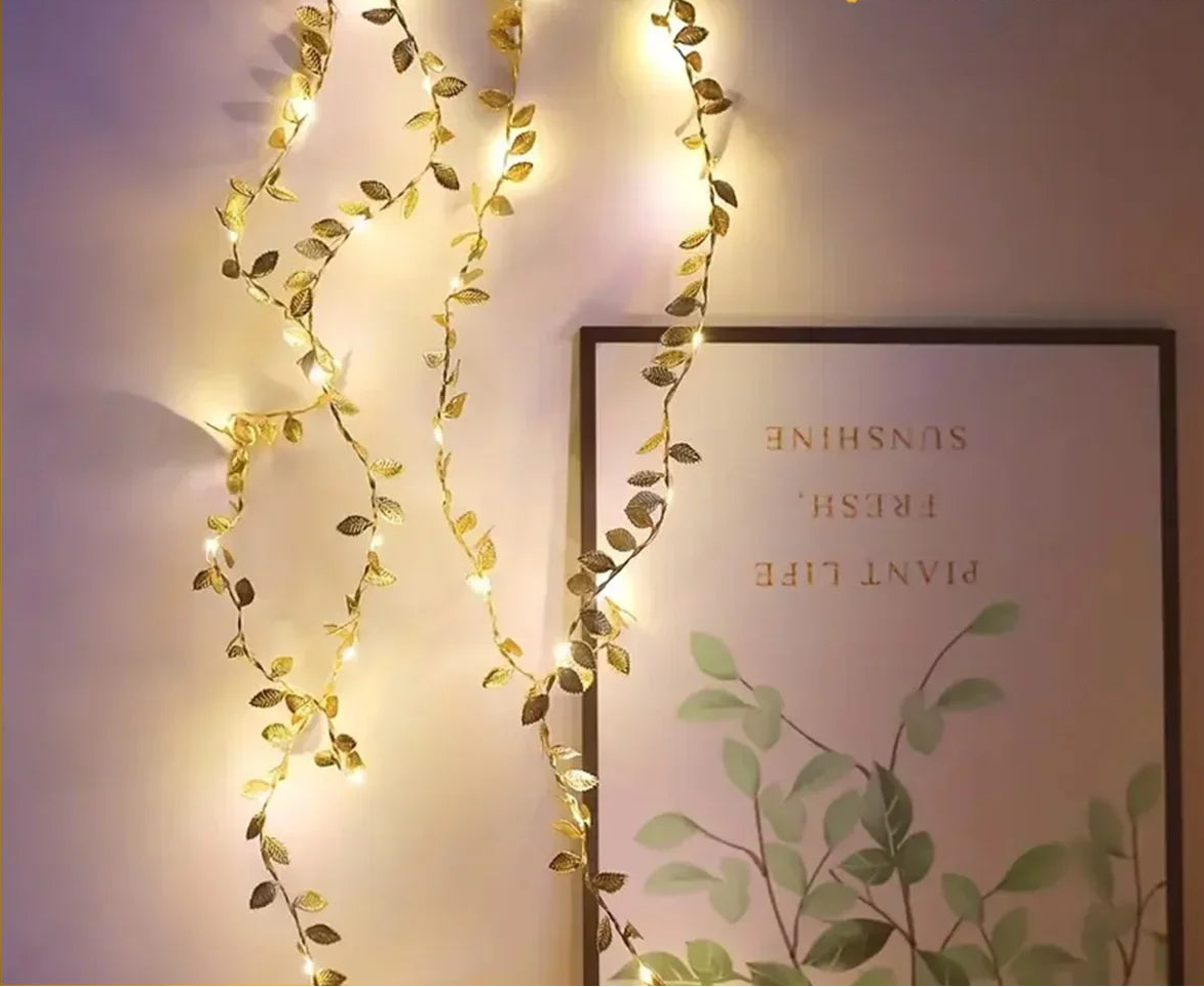 Guirlande LED Feuilles Dorées 2 m (20 LED) – Fil de cuivre, boîtier à piles