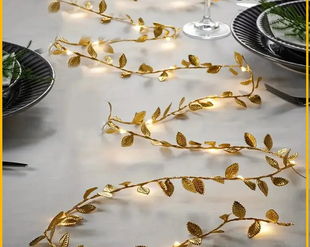 Guirlande LED Feuilles Dorées 2 m (20 LED) – Fil de cuivre, boîtier à piles