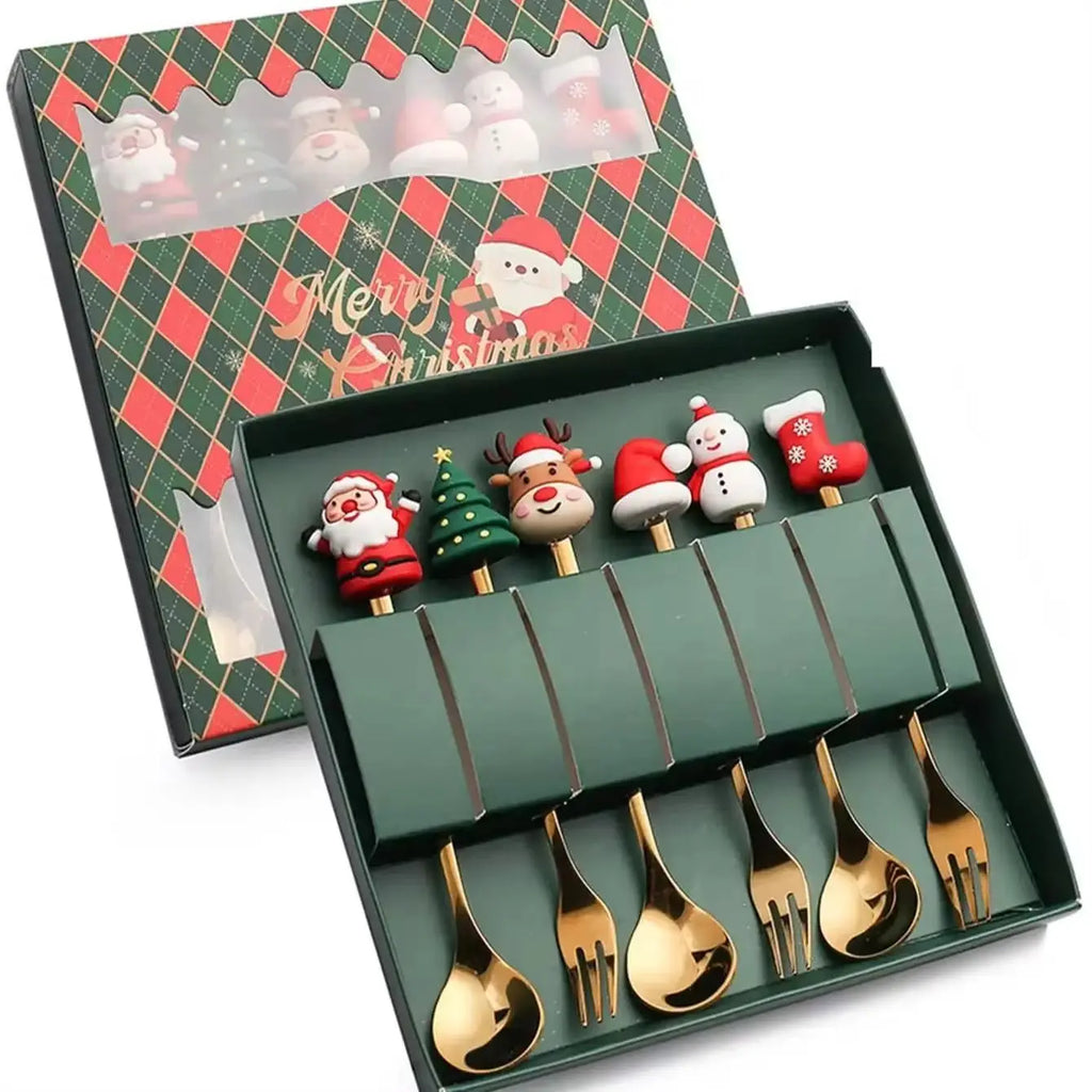 Coffret Cuillères & Fourchettes de Noël en Inox – 2/4/6 pièces (Café, Thé & Desserts)